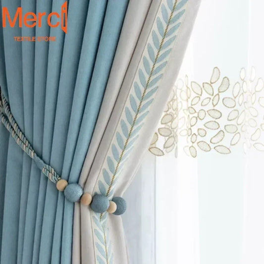 Modern Blue Chenille Lace Window Curtains